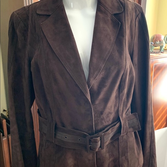 DESA cocoa brown real Suede Leather Blazer jacket suede belt snap closure US L - Picture 8 of 16